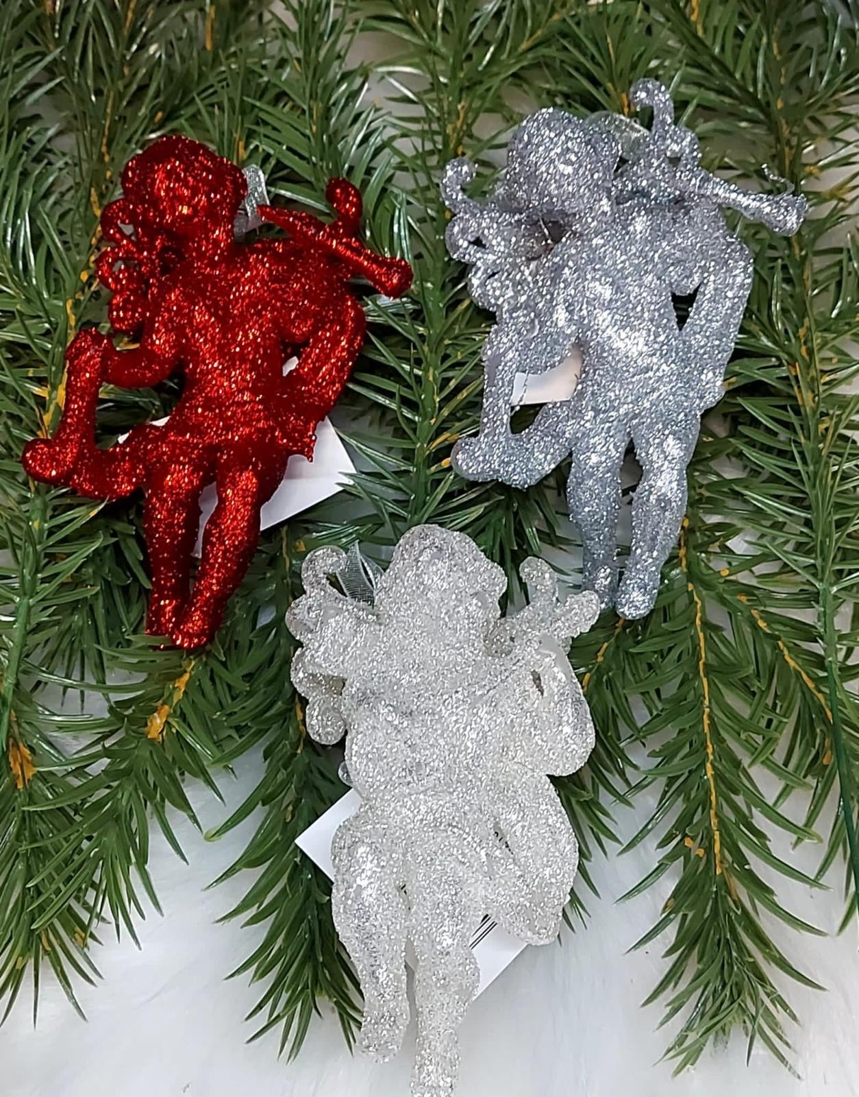 Set 12 ornamente de Crăciun în formă de îngeraș, cu sclipici – Roșu, Argintiu sau Alb - 6x11cm